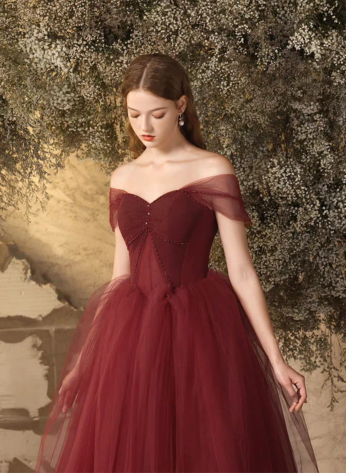Wine Red Sweetheart Beaded Tulle Long Formal Dress, Wine Red Off Shoulder Prom Dress