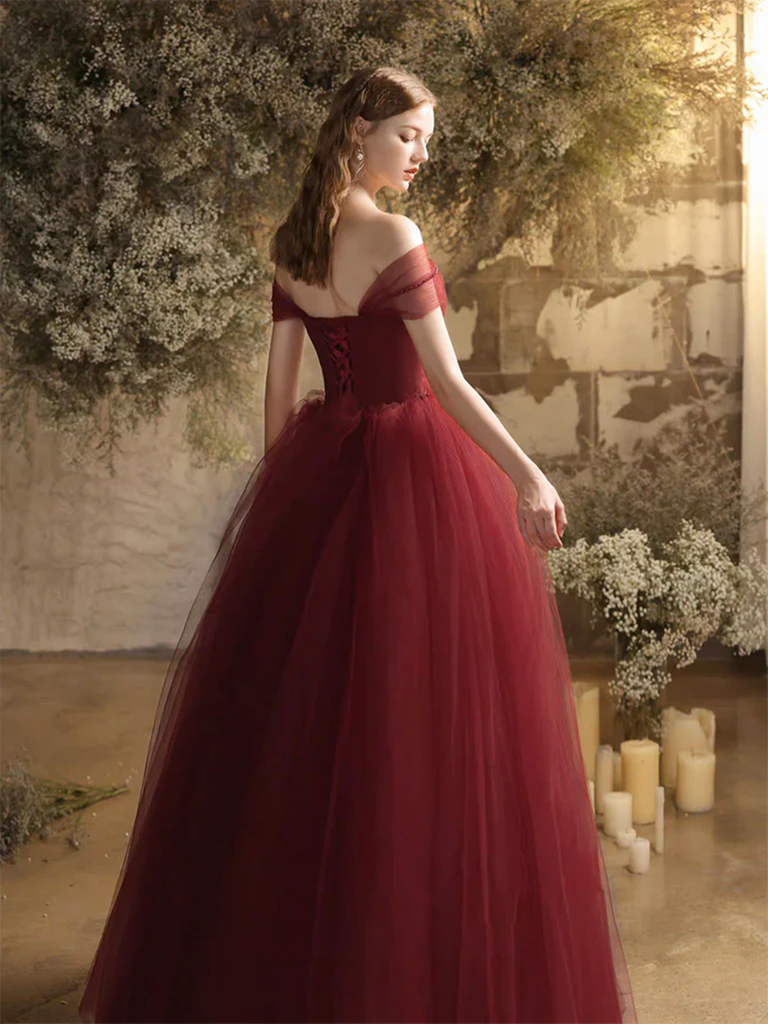 Beautiful Wine Red Tulle Sweetheart Long Formal Prom Dress A-Line Party Dress Elegant Evening Dress main image 1