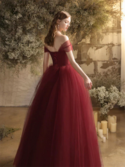 Wine Red Sweetheart Beaded Tulle Long Formal Dress, Wine Red Off Shoulder Prom Dress