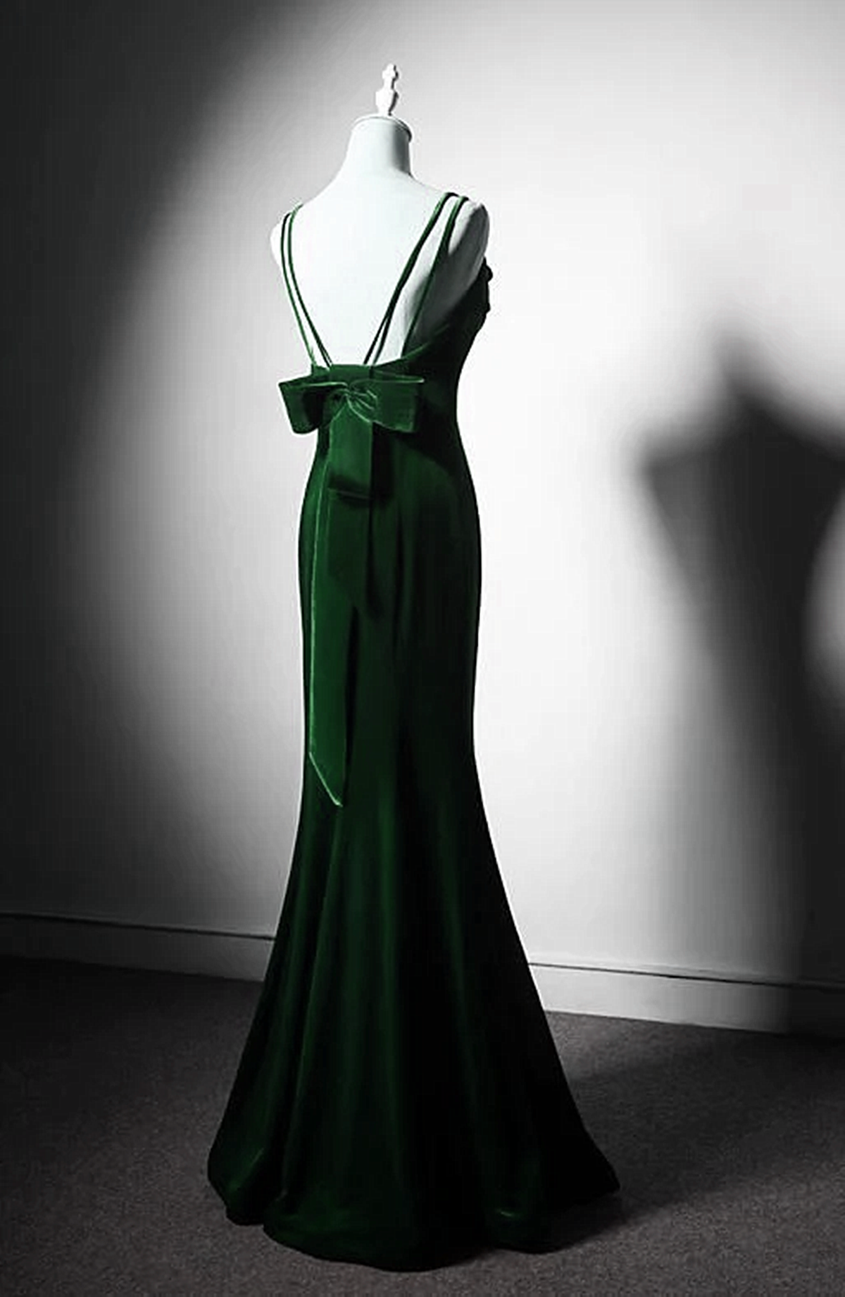 Green Mermaid Long Velvet Party Dress, Green Straps Long Formal Dress Prom Dress