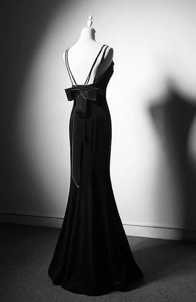 Black Straps Velvet Low Back Long Formal Dress, Black Velvet Evening D ...