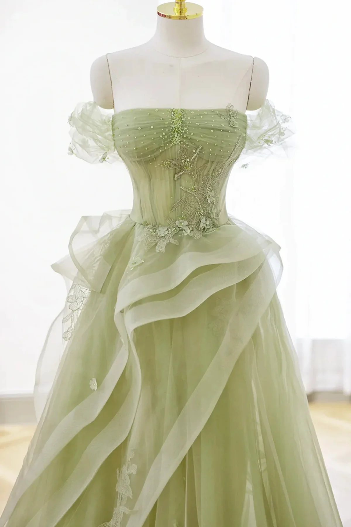 Light Green Sweetheart Beaded Off Shoulder Party Dress, Light Green Tulle Prom Dress