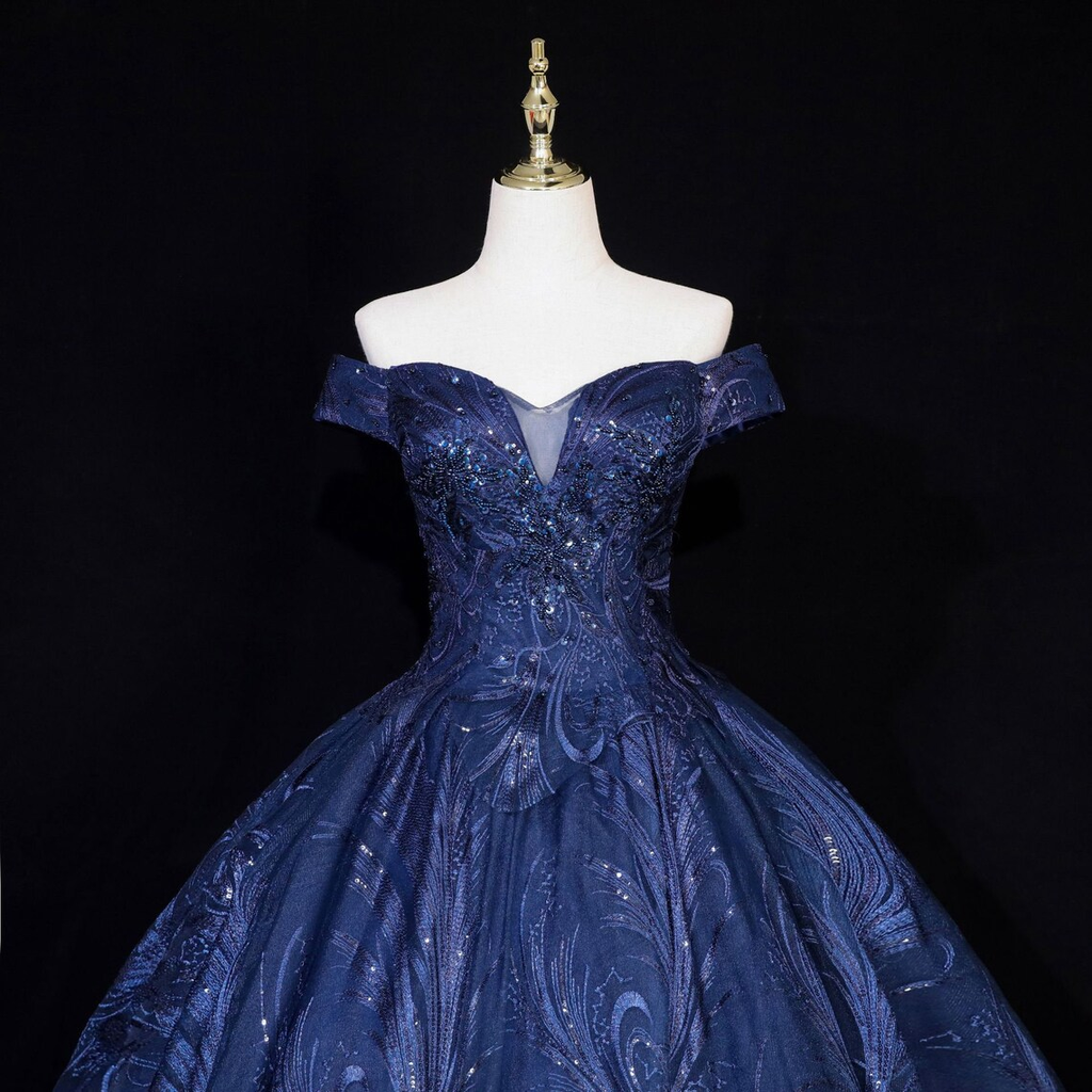 Navy Blue Ball Gown Lace Off Shoulder Quinceanera Dress, Navy Blue Tul