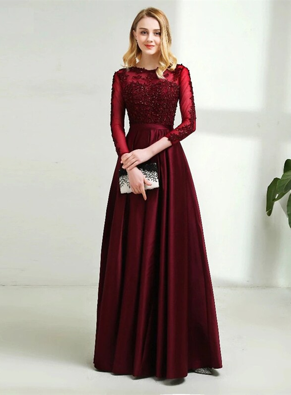 Wine Red Satin and Lace Round Neckline Bridesmaid Dress, Wine Red Tull Cutedressy Wine Red Satin and Lace Round Neckline Bridesmaid Dress, Wine Red Tull Cutedressy