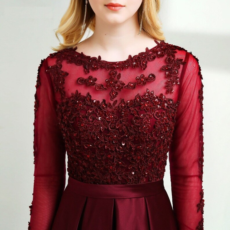 Wine Red Satin and Lace Round Neckline Bridesmaid Dress, Wine Red Tull Cutedressy Wine Red Satin and Lace Round Neckline Bridesmaid Dress, Wine Red Tull Cutedressy