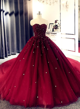 Wine Red Ball Gown Sweetheart Beaded Formal Gown, Wine Red Sweet 16 Dress
