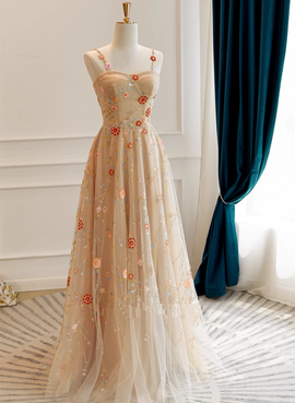Champagne Floral Tulle Straps Sweetheart Wedding Party Dress, A-line Tulle Long Prom Dress