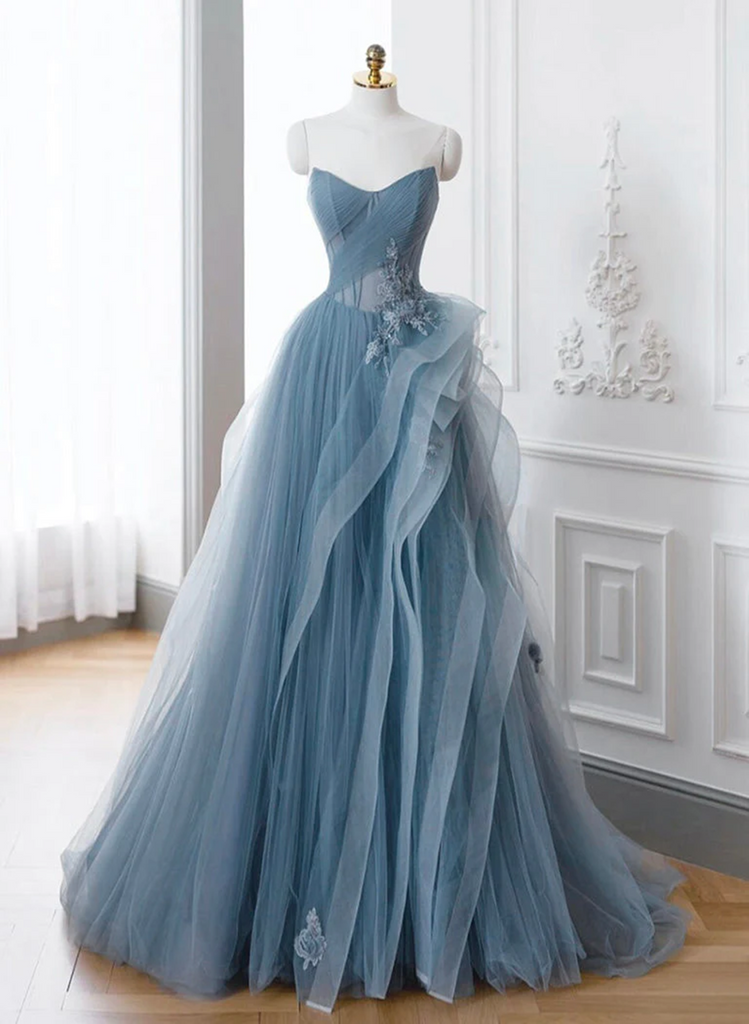 A-line Blue Tulle Long Party Dress with Lace, Off Shoulder Tulle Prom