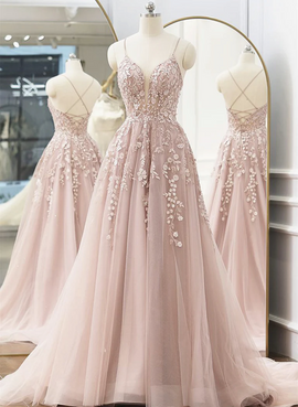 Pink Tulle with Lace Straps Long Party Dress, Pink Tulle Prom Dress Evening Dress