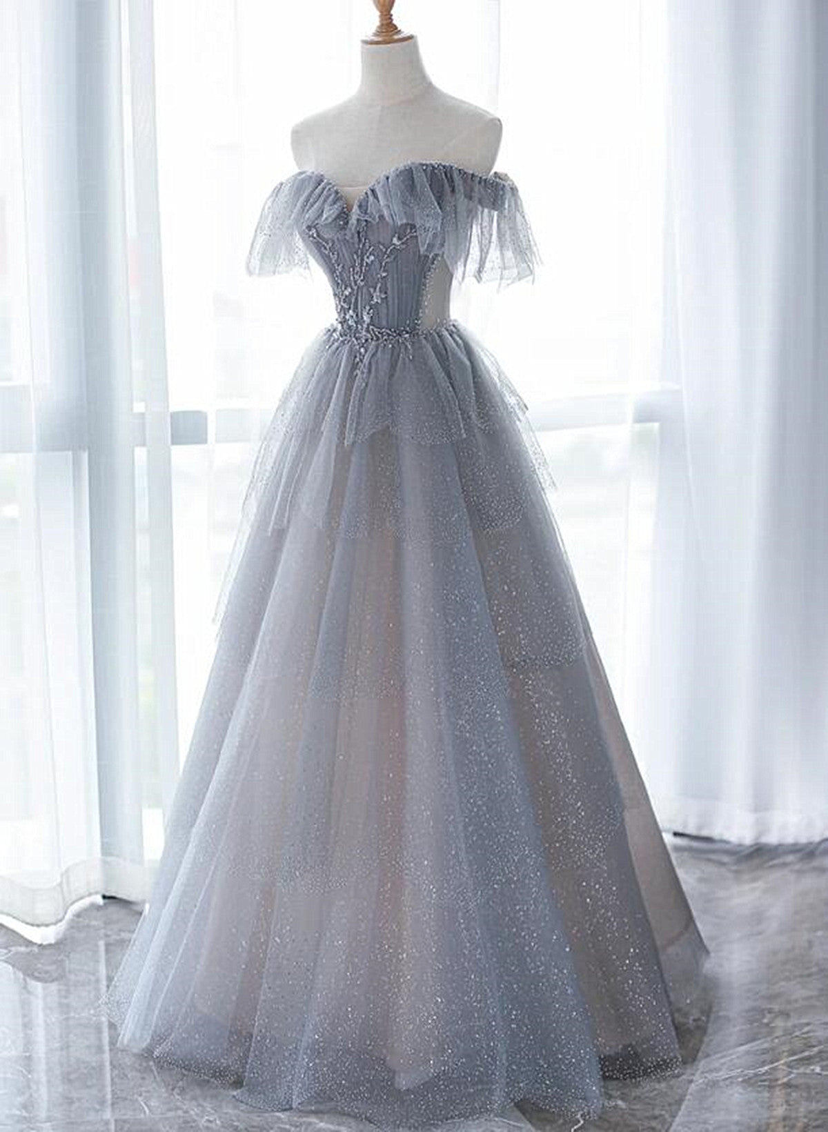 Light Grey Tulle Straps Beaded Long Formal Dress, A-line Grey Prom Dre ...