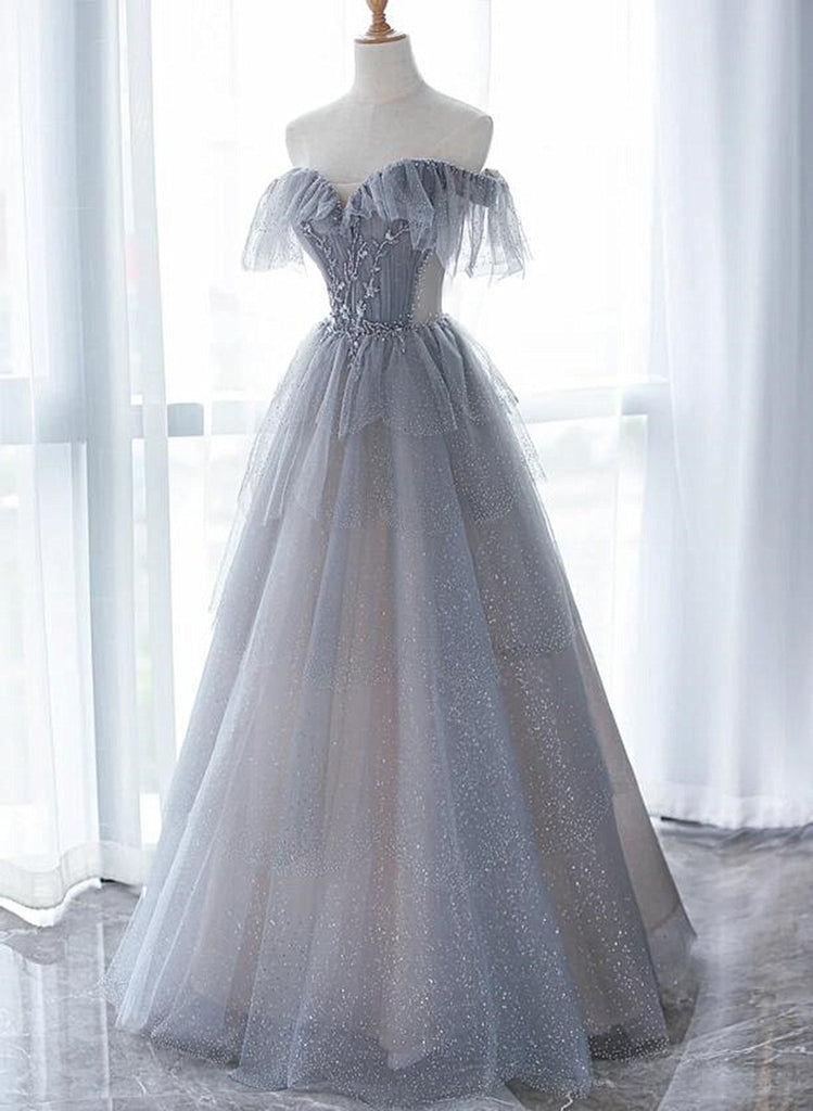Light Grey Tulle Straps Beaded Long Formal Dress, A-line Grey Prom Dre