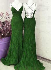 Green Lace Mermaid Straps Long Party Dress, Green Lace Wedding Party Dress