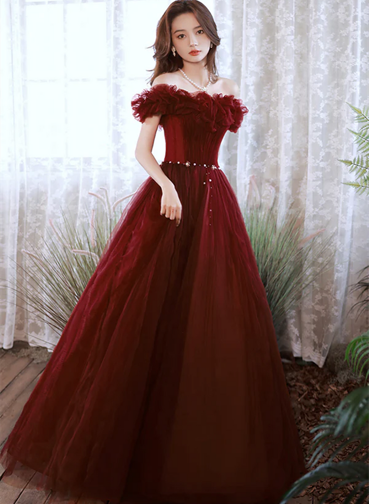 Wine Red Off Shoulder Tulle Long Party Dress, Wine Red Long Formal Dre