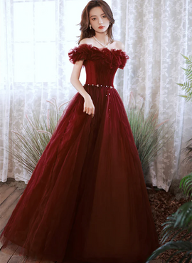 Wine Red Off Shoulder Tulle Long Party Dress, Wine Red Long Formal Dress