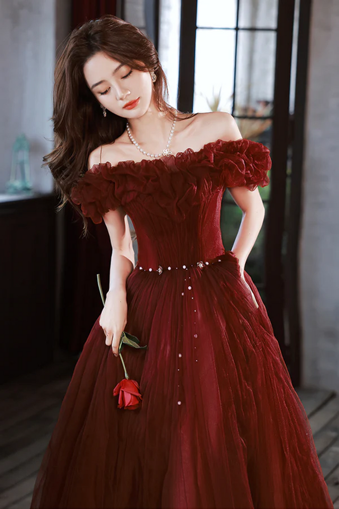 Wine Red Off Shoulder Tulle Long Party Dress, Wine Red Long Formal Dre