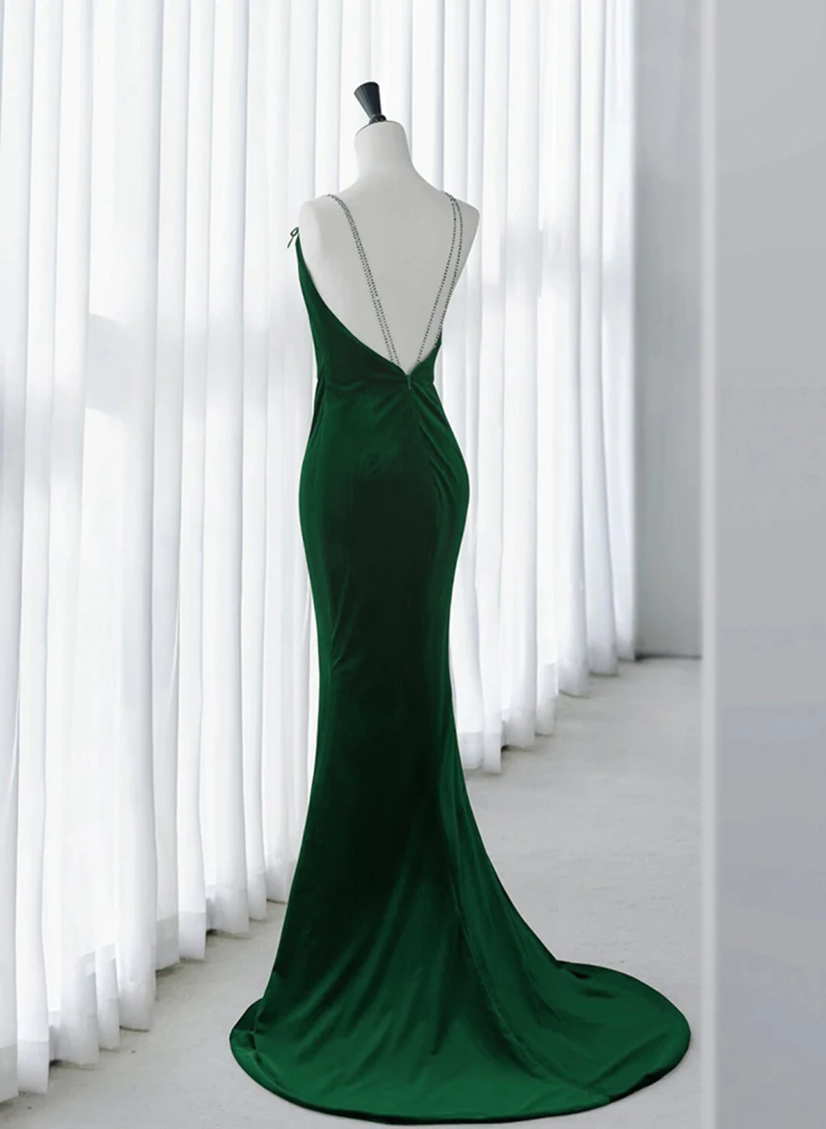 Green Velvet Mermaid Straps Long Formal Dress, Green Evening Dress Party Dress