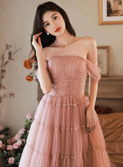 Pink Tulle Floor Length Beaded Long Party Dress, Off Shoulder Pink Prom Dress