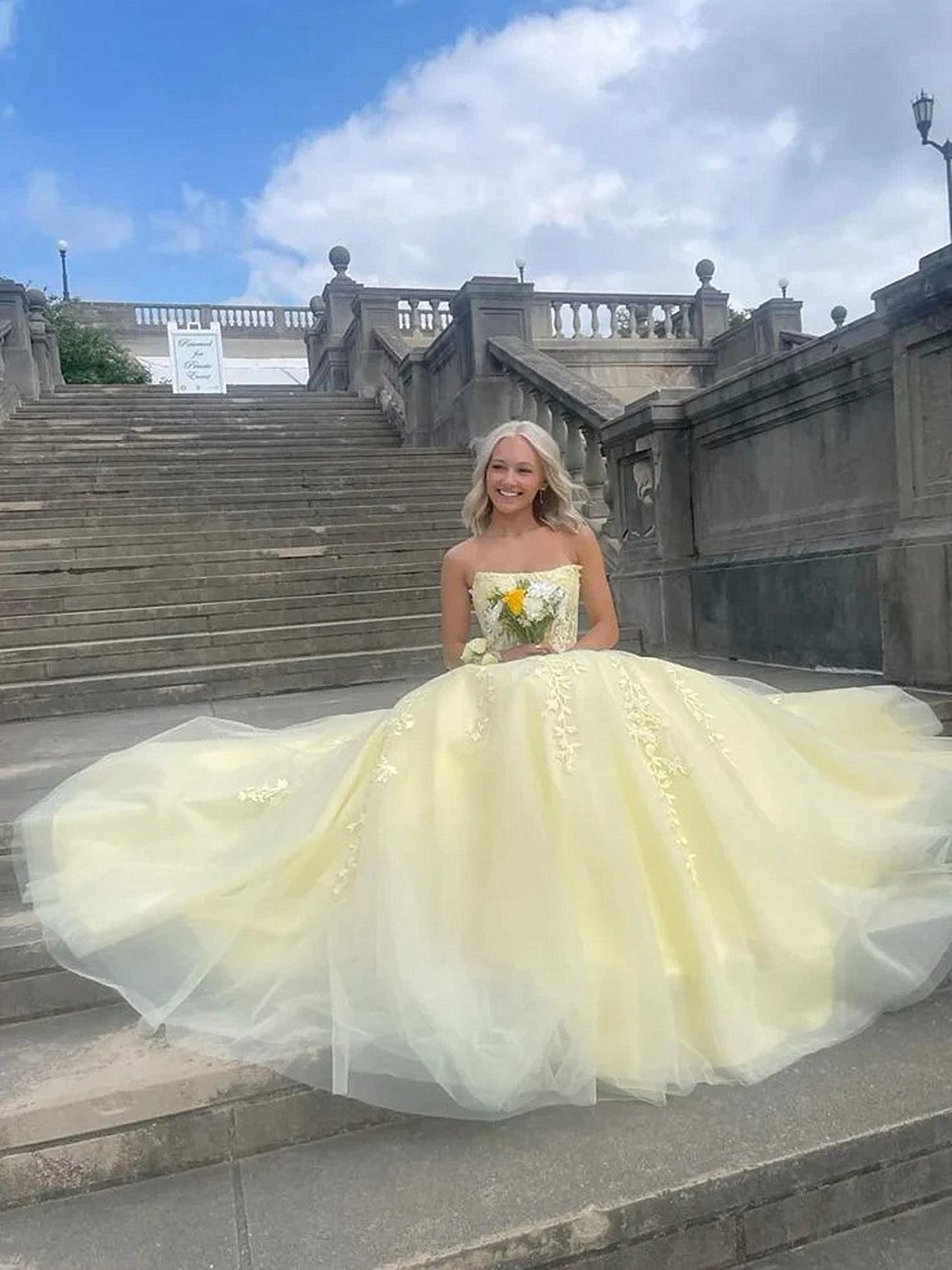 Yellow Strapless Lace Applique Tulle Prom Dress, A-Line Evening Gown with Floral Lace