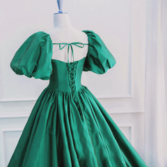 Green Scoop Short Sleeves Taffeta Long Party Dress, Green Long Evening Dress Prom Dress