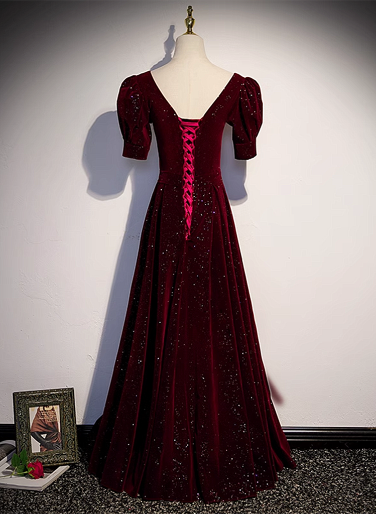 Wine Red Velvet Backless Straps Prom Dress, Wine Red Velvet Party Dress