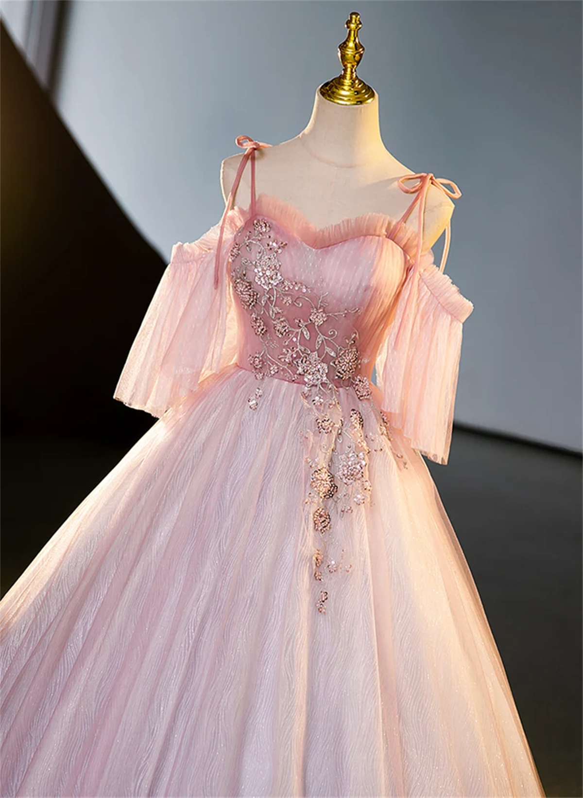 Pink Tulle Off Shoulder Sweetheart Long Formal Dress, Pink Beaded Sweet 16 Dress