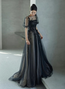 A-line Black Short Sleeves Tulle with Lace Long Party Dress, Black Long Prom Dress