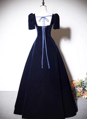 Navy Blue A-line Short Sleeves Velvet Party Dress, Navy Blue Long Prom Dress