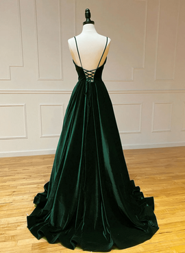 Green V-neckline Straps Lace-up A-line Prom Dress, Green Velvet Long Prom Dress