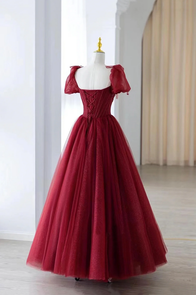 Wine Red Tulle Beaded Straps Beaded Formal Dress Evening Dress Party Dress A Line Prom Dress main image 1