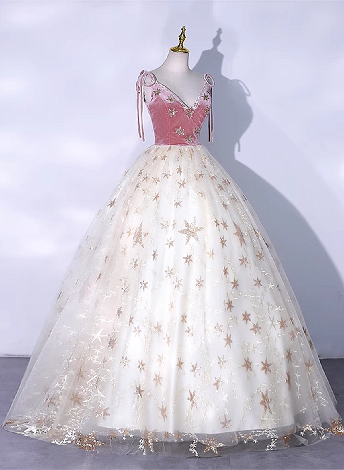 Ivory Tulle V-neckline Straps Ball Gown Sweet 16 Dress, Cute Tulle Long Prom Dress