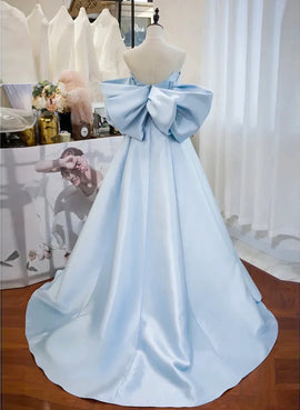 Blue Satin Off Shoulder Long Formal Dress, Blue Long Evening Dress Prom Dress