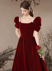 Wine Red Short Sleeves Beaded Velvet Long Formal Dress, Wine Red Velvet Prom Dress