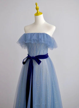A-line Blue Tulle Scoop Long Formal Dress with Belt, Blue Long Evening Dress Prom Dress