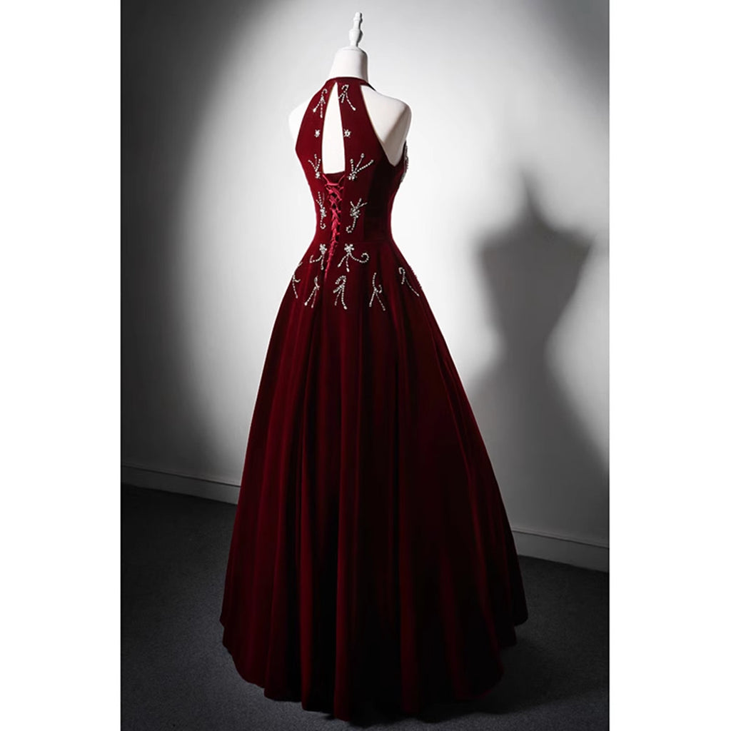 Red Beaded A-line Velvet Halter Floor Length Party Dress, Red Velvet Long Prom Dress