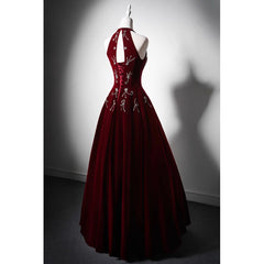 Wine Red Halter Velvet Long Beaded Prom Dress, A-line Velvet Formal Dress