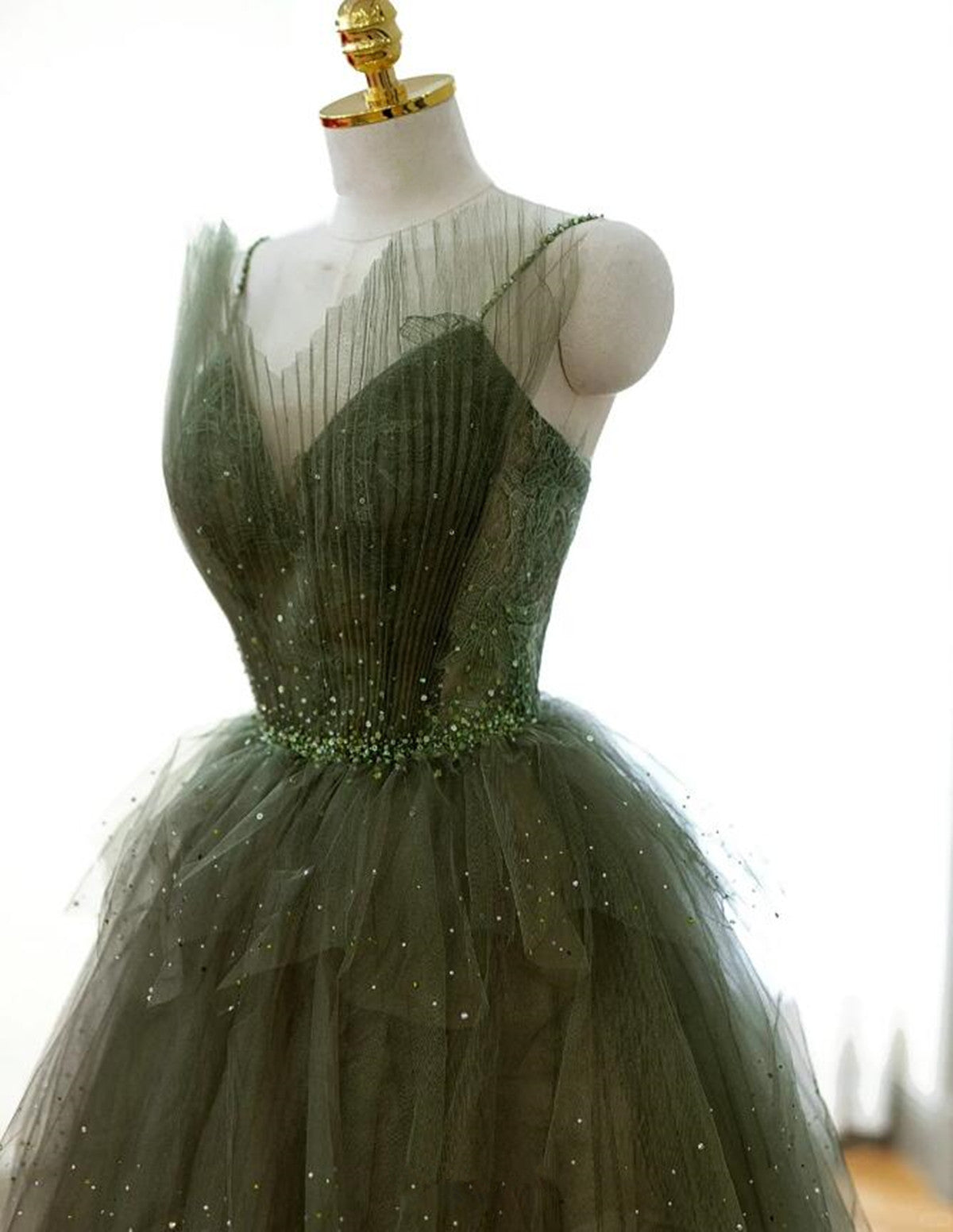 Green Tulle Beaded Layers Long Straps Prom Dress, Green Tulle Evening Dress