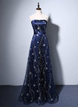 Navy Blue Strapless A-line Long Formal Dress, Navy Blue Evening Dress Prom Dress