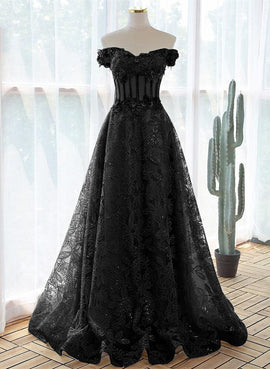 A-line Off Shoulder Black Tulle with Lace Party Dress, Black Long Prom Dress