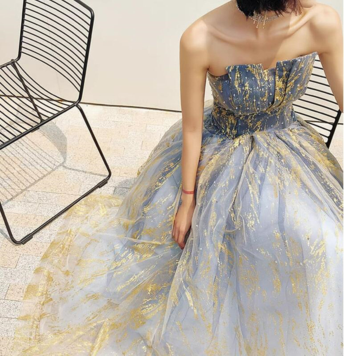 Blue Tulle Gradient A-line Long Ball Gown Dress, Blue A Line Prom Dress