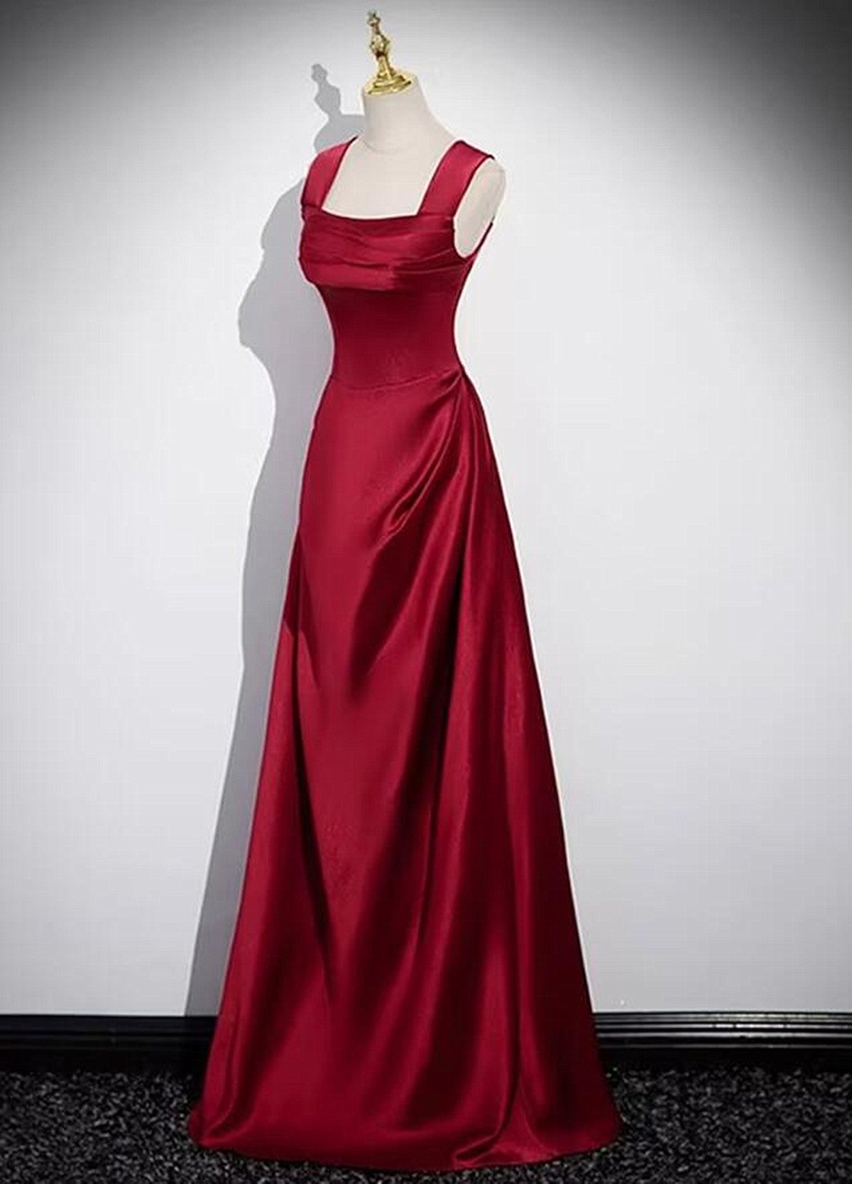A-line Sleeveless Wine Red Satin Evening Dress, Wine Red Long Prom Dress A-line Sleeveless Wine Red Satin Evening Dress, Wine Red Long Prom Dress