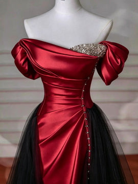 Black and Red Beaded Sweetheart A-line Prom Dress, Black and Red Long Formal Dress