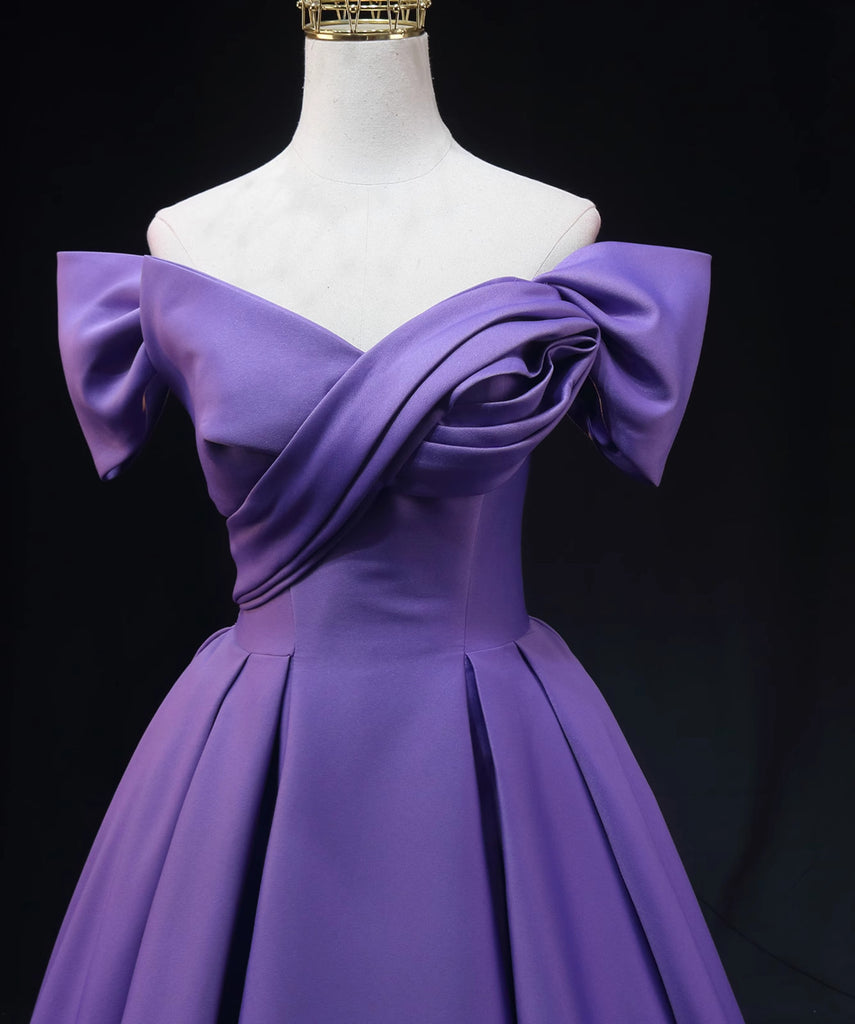 Simple Off Shoulder Satin Long Prom Dress, Dark Purple Party Dress Evening Gown