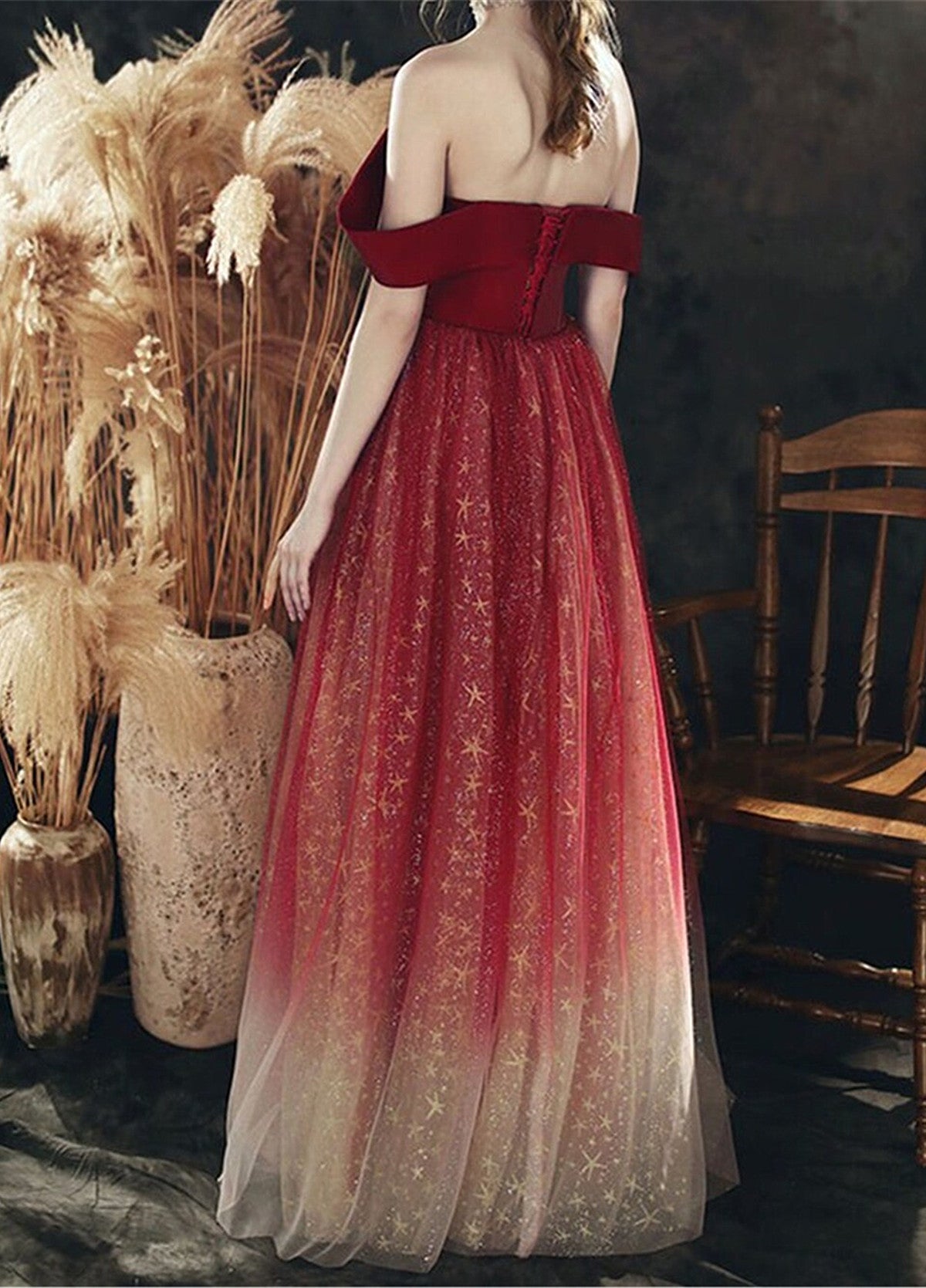 Wine Red Gradient Tulle off Shoulder Long Evening Dress,  Wine Red Prom Dress