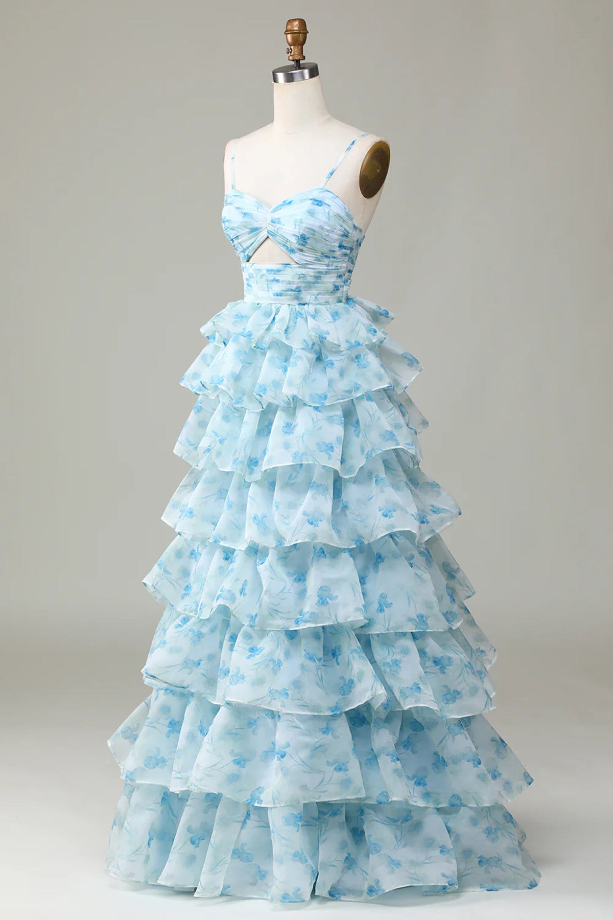 Lovely Light Blue Layers Long Straps Floor Length Party Dress, Light Blue Prom Dress