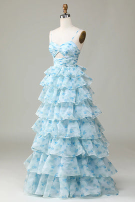 Lovely Light Blue Layers Long Straps Floor Length Party Dress, Light Blue Prom Dress