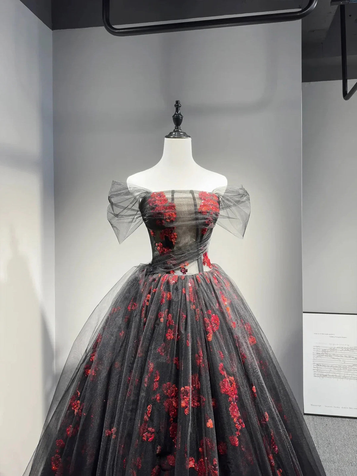 Black A-line Off Shoulder Floral Sweetheart Tulle Party Dress, Black Long Prom Dress