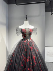 Black A-line Off Shoulder Floral Sweetheart Tulle Party Dress, Black Long Prom Dress