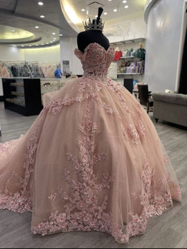 Pink Off Shoulder Beaded Floral Lace Quinceañera Dress,Pink Ball Gown Tulle Sweet 16 Prom Gown with Train