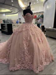 Pink Off Shoulder Beaded Floral Lace Quinceañera Dress,Pink Ball Gown Tulle Sweet 16 Prom Gown with Train