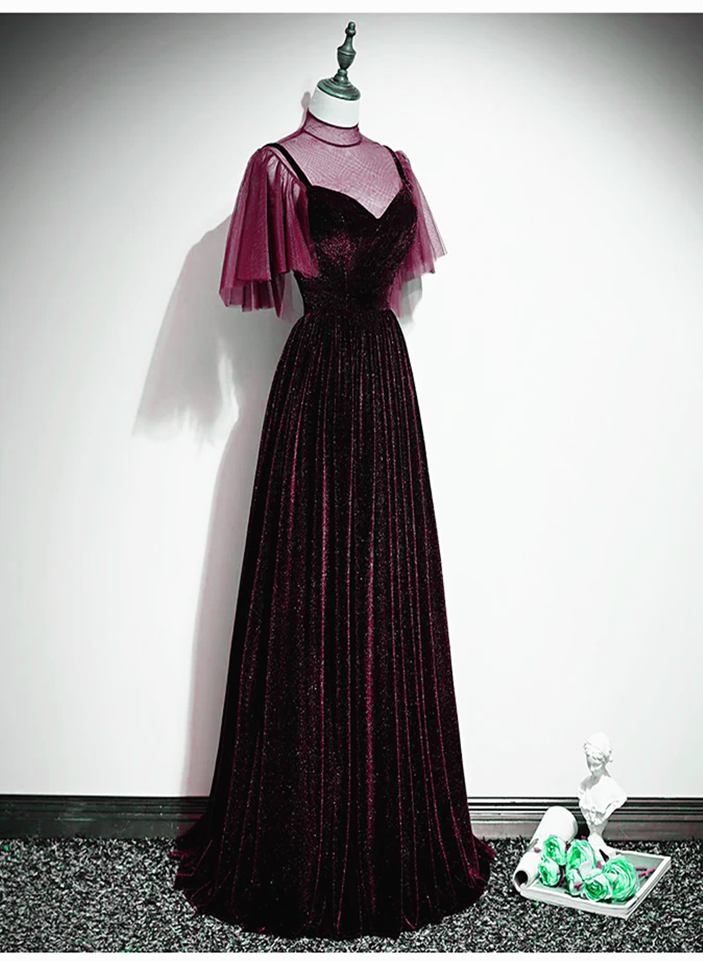 Wine Red Velvet A-line Long High Neckline Party Dress, Wine Red Long B Cutedressy Wine Red Velvet A-line Long High Neckline Party Dress, Wine Red Long B Cutedressy
